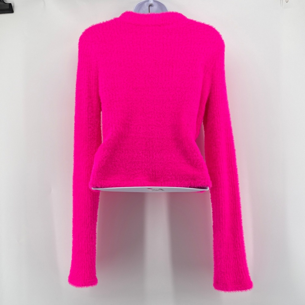 By Anthropologie Neon Pink Fuzzy Sweater Eyelash Mock Neck Cropped Knit Top M - Picture 4 of 9
